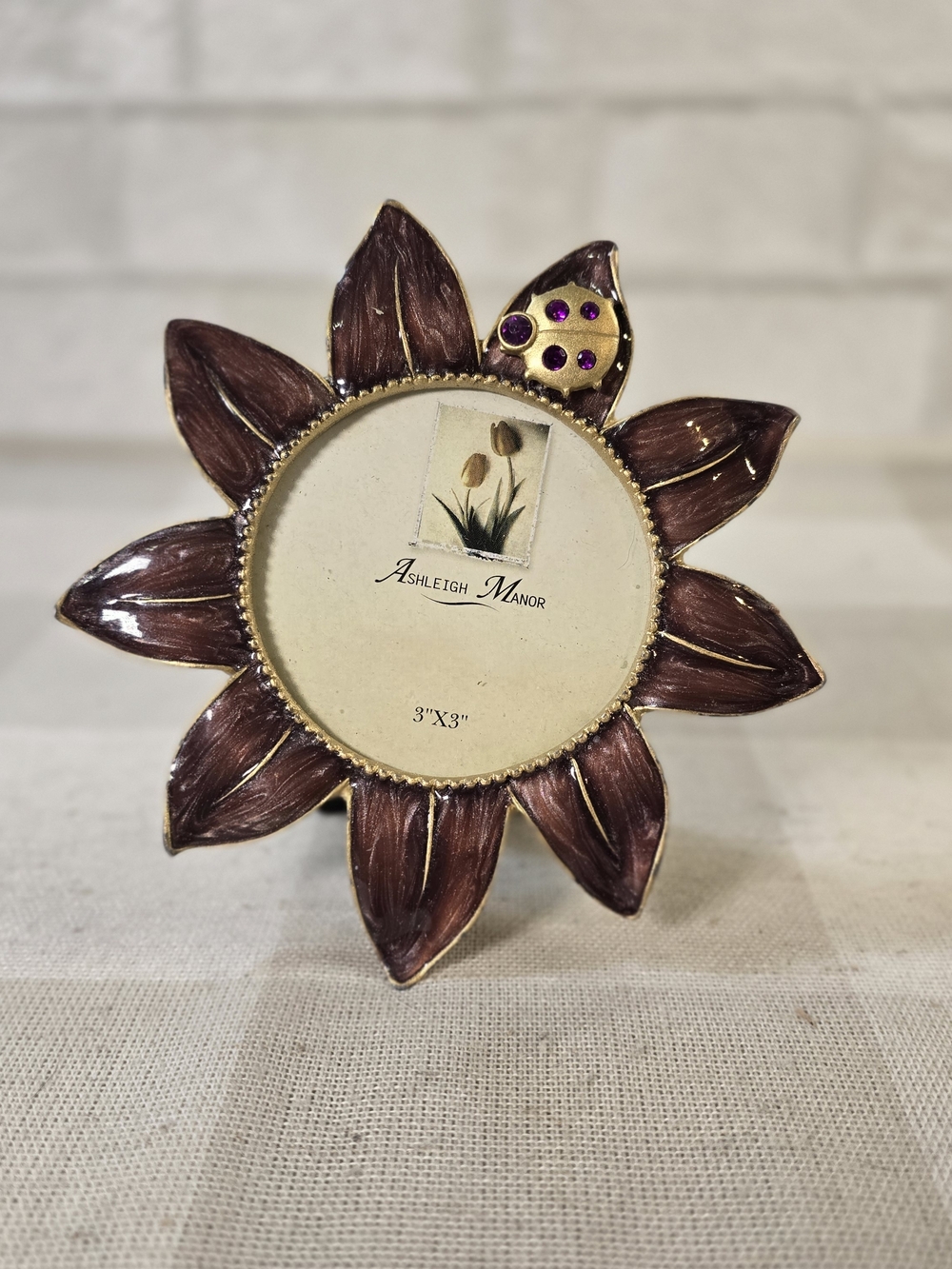 SOLD Vintage Ashleigh Manor Sunflower Enameled Metal Frame Jeweled Ladybug